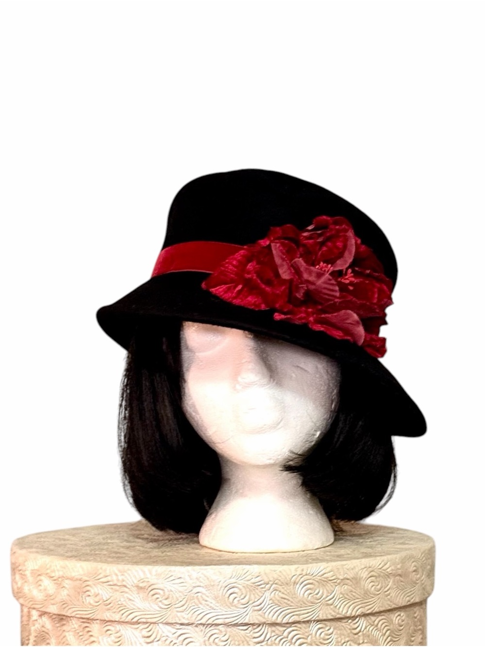 Da-Me Black Vintage Wool Cloche Hat decorated with Red Flower